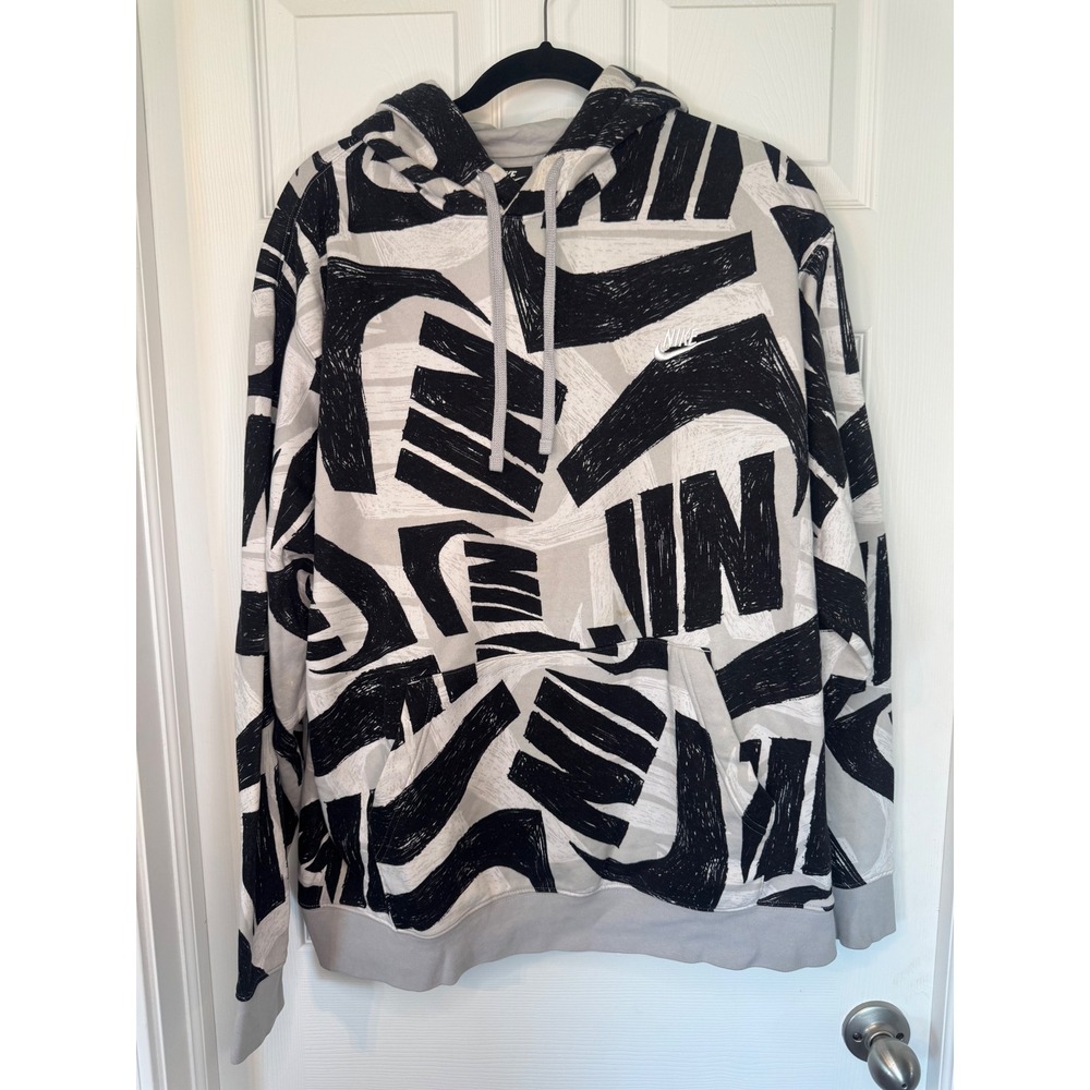 Nike Sportswear Club Fleece Hoodie XL Grey Black White Abstract Swoosh Print